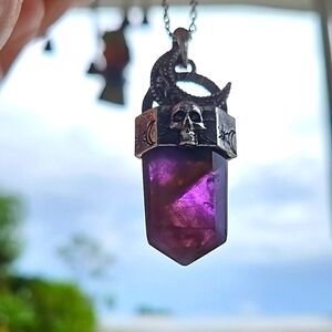 Antiqued Skull Moon Stars Flourite Crystal Pendant Necklace